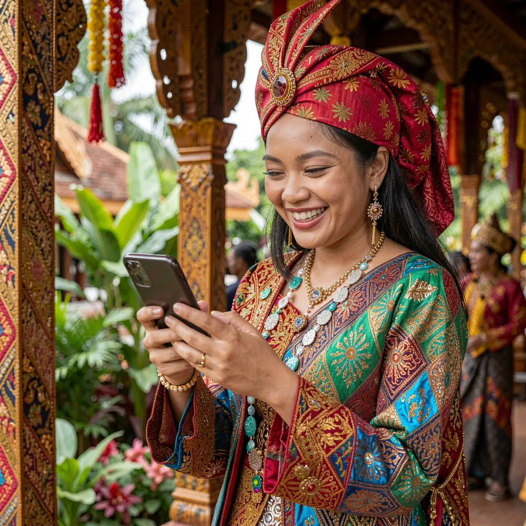 Happy Malaysian woman in traditional attire smiling while using the CUCI888 casino app on her smartphone in a colorful cultural setting