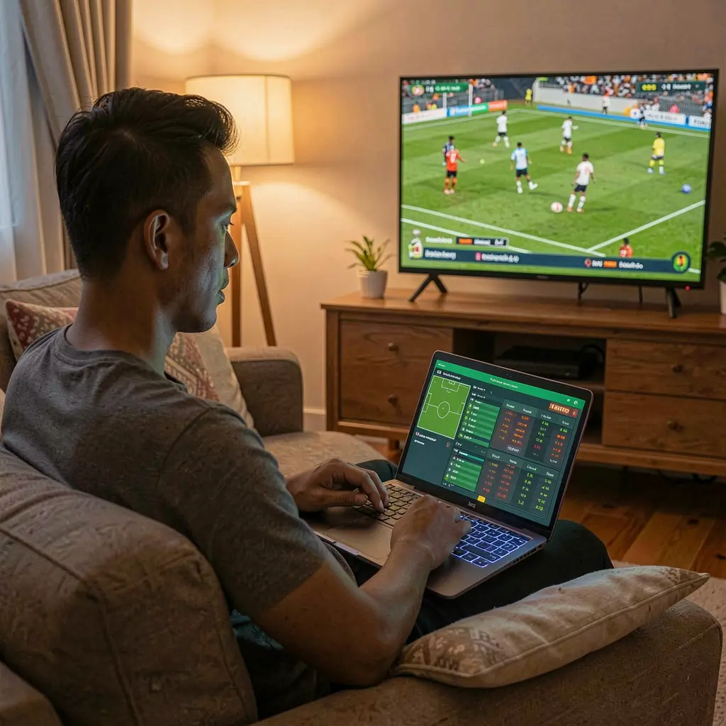 Focused Malaysian sports bettor placing live soccer bets on a laptop with CUCI888 while watching a match on TV in a modern living room