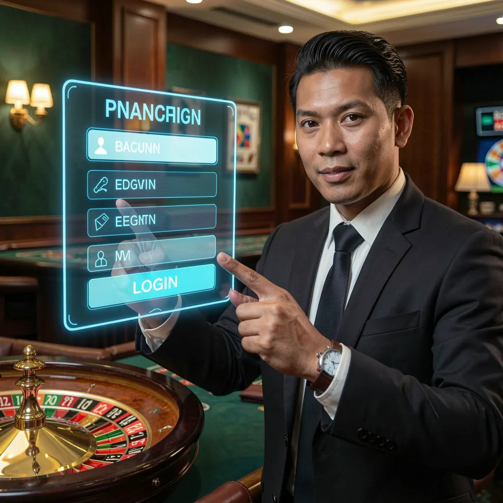 Modern casino dealer in Malaysia presenting a high tech holographic login panel with a glowing roulette table on the CUCI888 platform